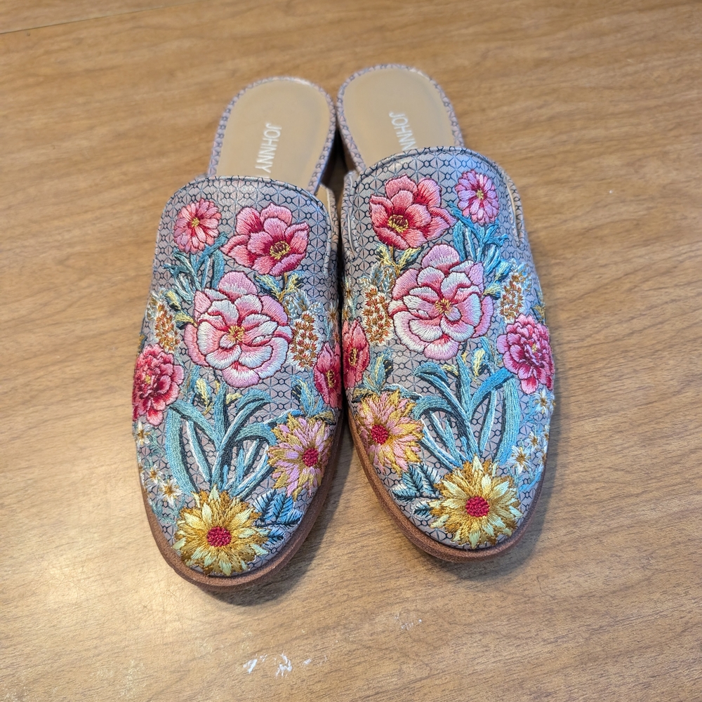 Johnny Was Pink and Blue Floral Embroidered Mules